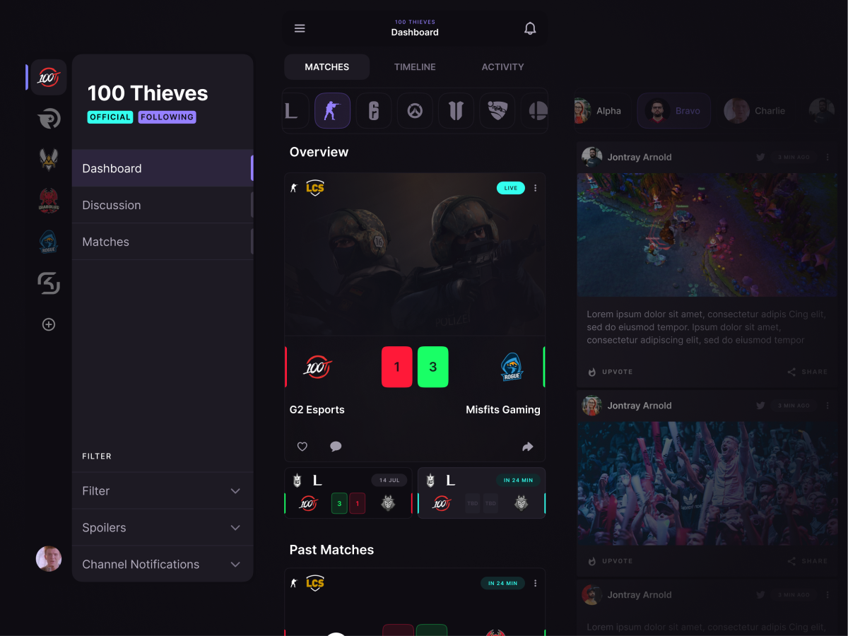 Kokyo Mobile App Overview Three screenshots from the Kokyo mobile web application. It displays a menu with a selected team, a dashboard for CSGO game with recent match scores, and a news page highlighting a specific player.