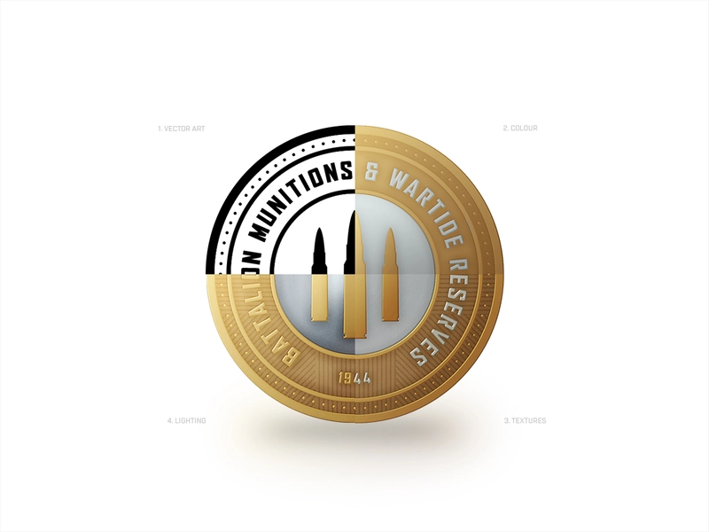 Battalion 1944 Wartide Coin Design Stages Battalion 1944 Wartide coin. A graphic showing the 4 stages of design from sketch, to color, texture, and lighting. The coin is split into 4 with each quarter showing a stage of the process.