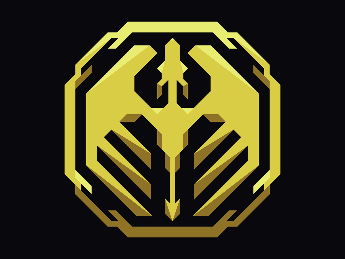 A yellow hexagon shape with a futuristic geometric silhouette of a dragon in the middle.