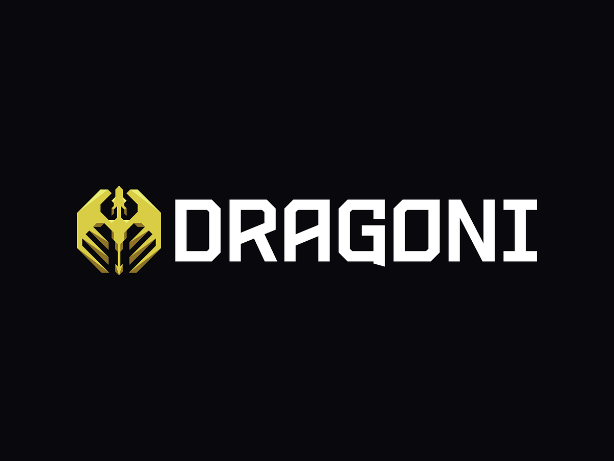 Dragoni Logo Mark A yellow hexagon shape with a geometric silhouette of a dragon in the middle. The text reads Dragoni in a similar futuristic geometric style.